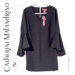 🪻 CATHERINE MALANDRINO Black V-Neck Dress with Bell Flared Sleeves NWT $158 8
